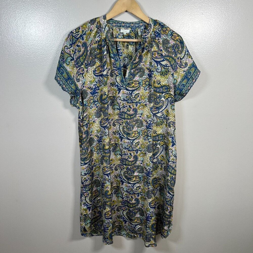 Dolma Silk Blend Shift Dress One Size Paisley Blue Yellow Boho Artsy Art to Wear